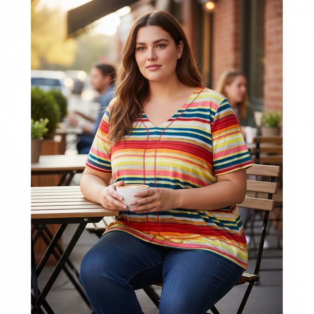 Westbound Woman V-Neck Striped Short Sleeve Tee‎ Shirt Multi Color Plus Size 2X